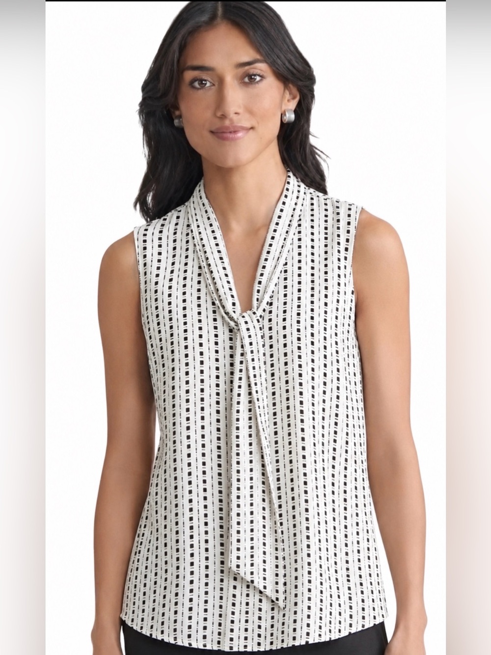 Ann Taylor Sleeveless Tie-Neck Printed Blouse in White and Black
